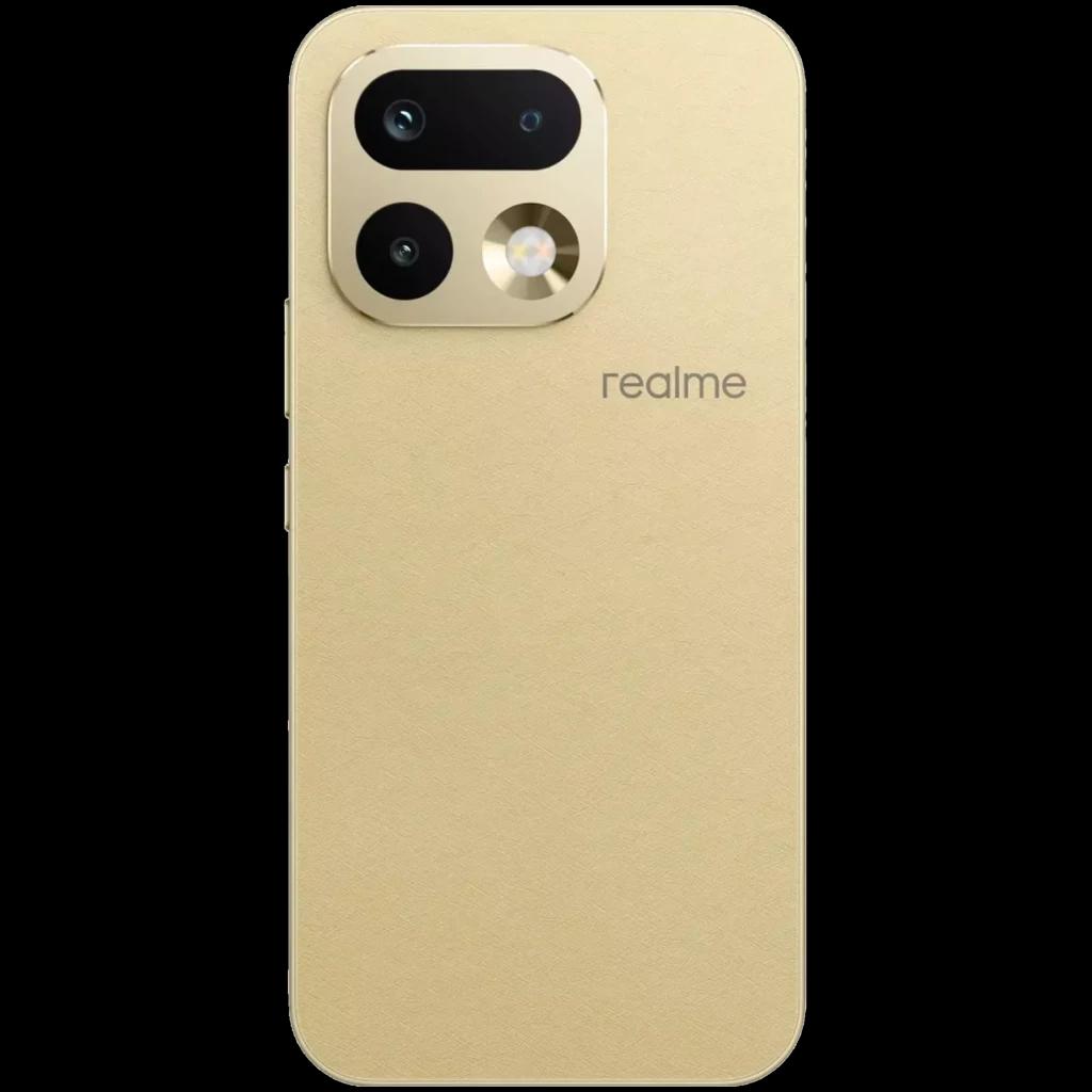 Realme 16 Pro 5G dorado con acabado mate, módulo de cámara dual y flash circular en un marco rectangular; logo realme al centro del panel trasero