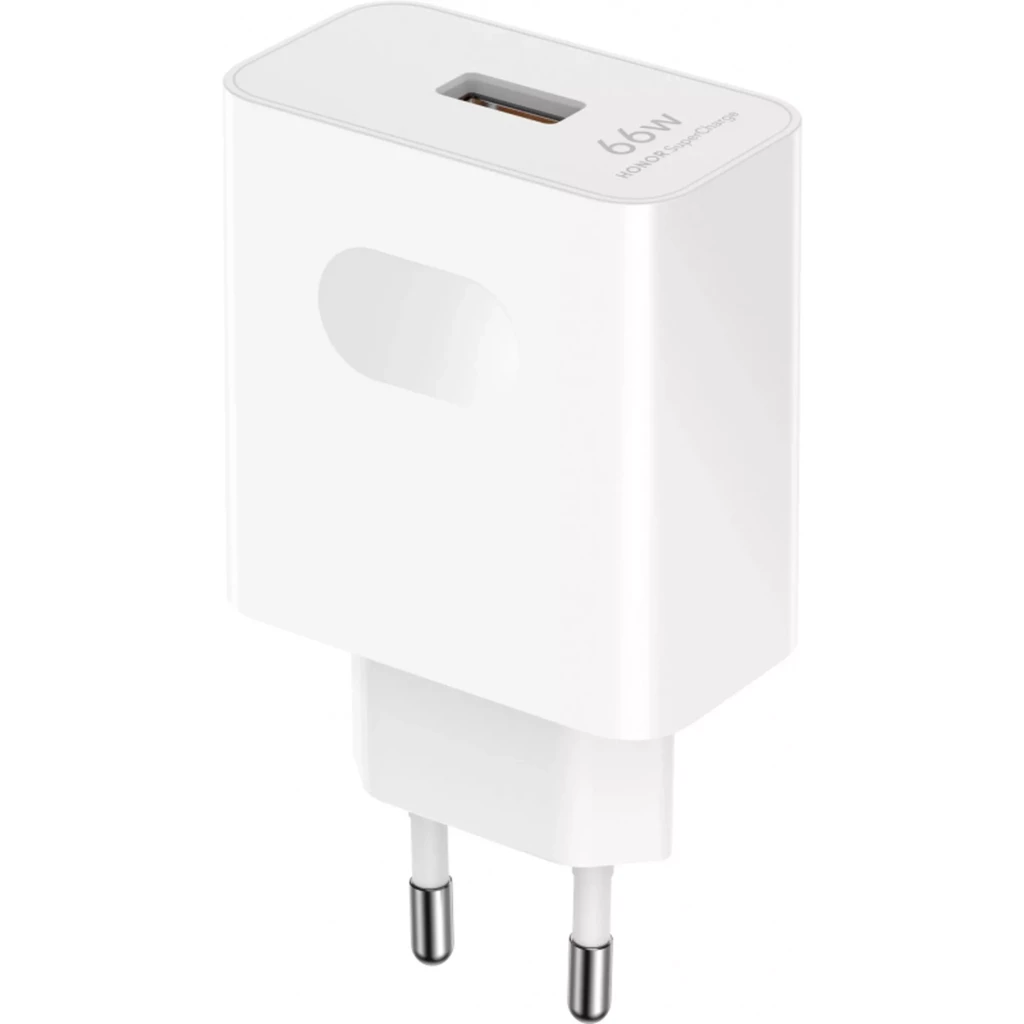 Honor SuperCharge Power Adapter 2 66W Cargador blanco con puerto USB-A superior, diseño compacto, bordes redondeados y enchufe europeo de dos pines
