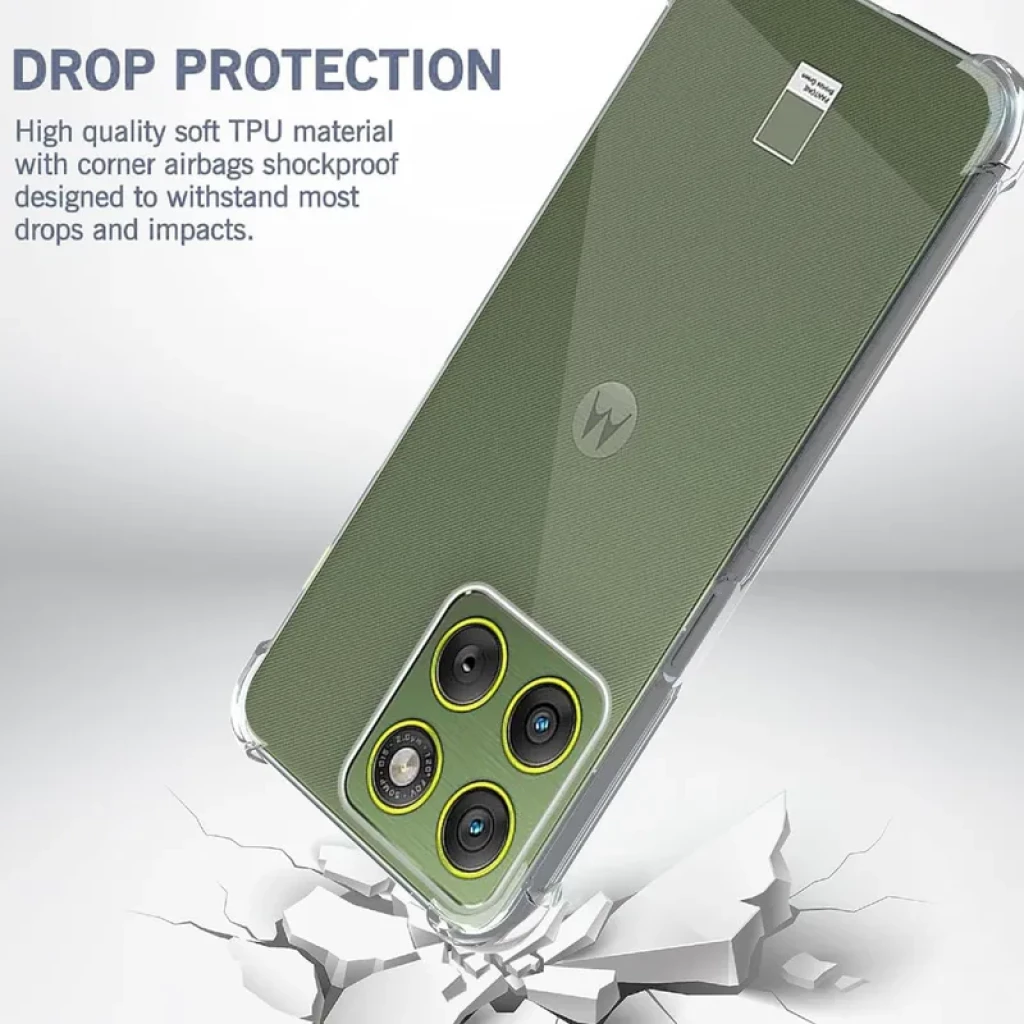 Funda de silicona Reinforced Motorola Edge 70 transparente con bordes reforzados, esquinas con airbags y protección antiimpactos; realza cámara y logotipo