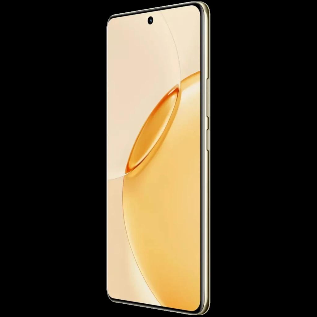 Realme 16 Pro+ 256GB Dourado com tela ampla quase sem bordas, furo central para câmera, laterais finas e botões dourados, design elegante e premium