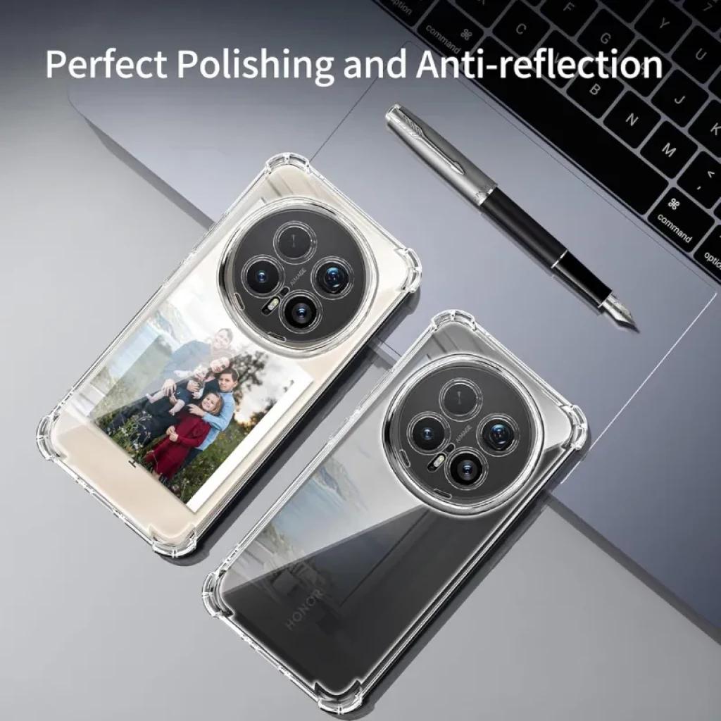 Capa de silicone transparente para Honor Magic 8 Pro com cantos reforçados, recortes precisos e proteção antiarranhões, mostra fotos e design do aparelho