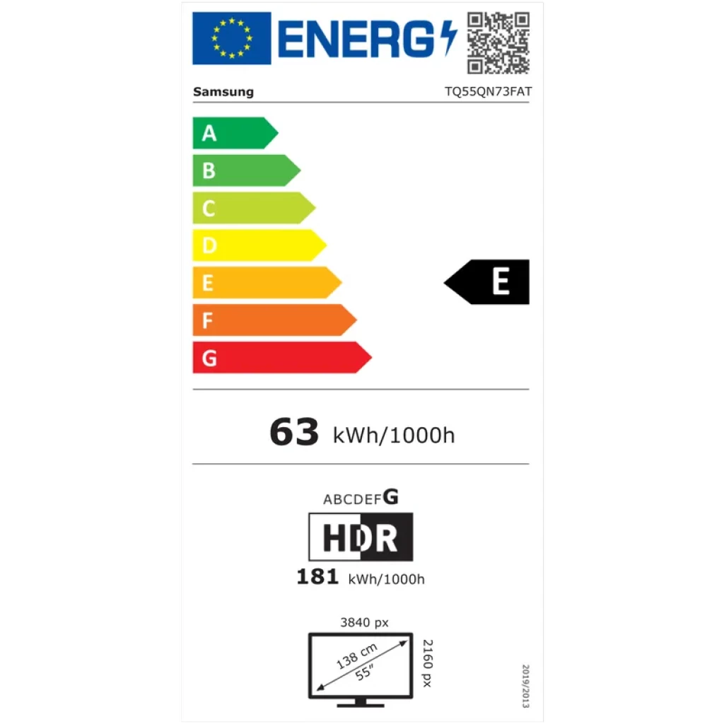 Etiqueta energética da TV Samsung 55" Neo QLED: classe E, 63 kWh/1000h, HDR, 3840x2160, consumo 181 kWh/1000h com HDR, tela 139 cm diagonal