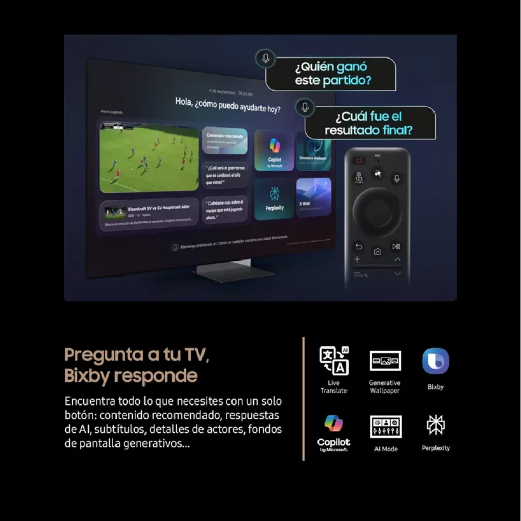 Samsung 75" Neo QLED 4K 2025 con Mini LED, Vision AI y Motion Xcelerator; incluye control remoto con micrófono y atajos Bixby, Copilot y apps de voz