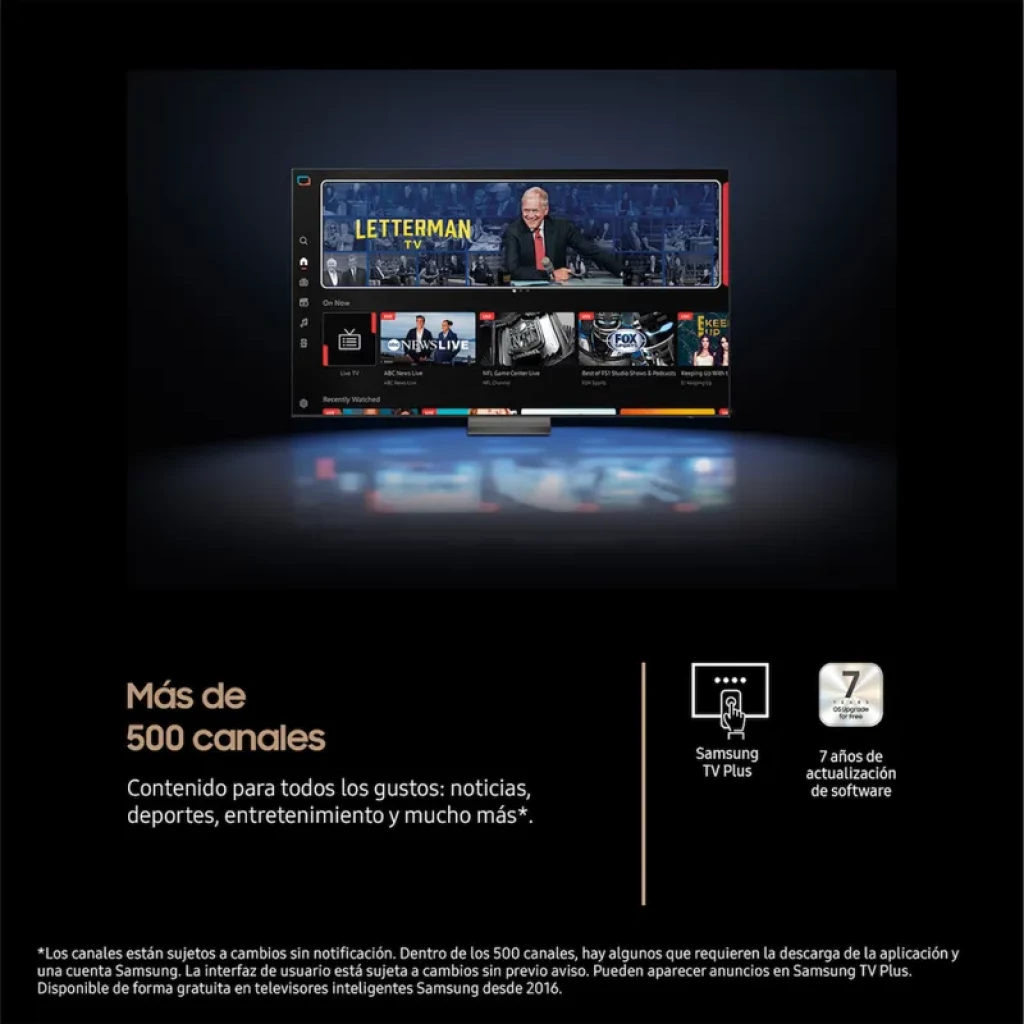 Samsung 75 pulgadas Neo QLED 4K con Mini LED y biseles delgados, muestra interfaz Samsung TV Plus con más de 500 canales y 7 años de actualizaciones