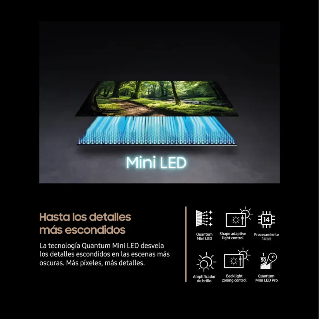 Pantalla Samsung 75" Neo QLED 4K con Mini LED: negros profundos, alto contraste, brillo optimizado, control de zonas y Motion Xcelerator para fluidez