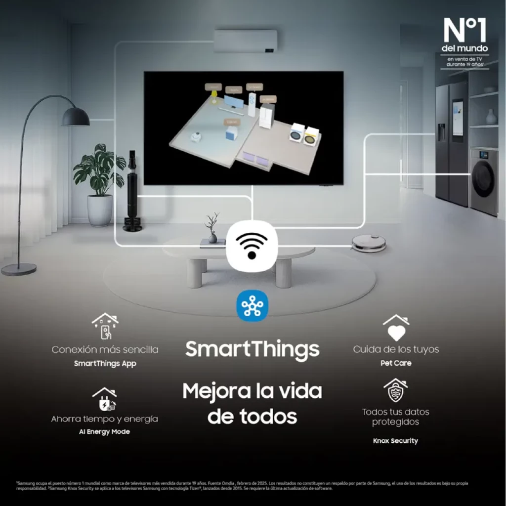 SmartThings en Smart TV Samsung 2025: panel con dispositivos conectados, icono WiFi, control del hogar, ahorro de energía, cuidado de mascotas y seguridad Knox