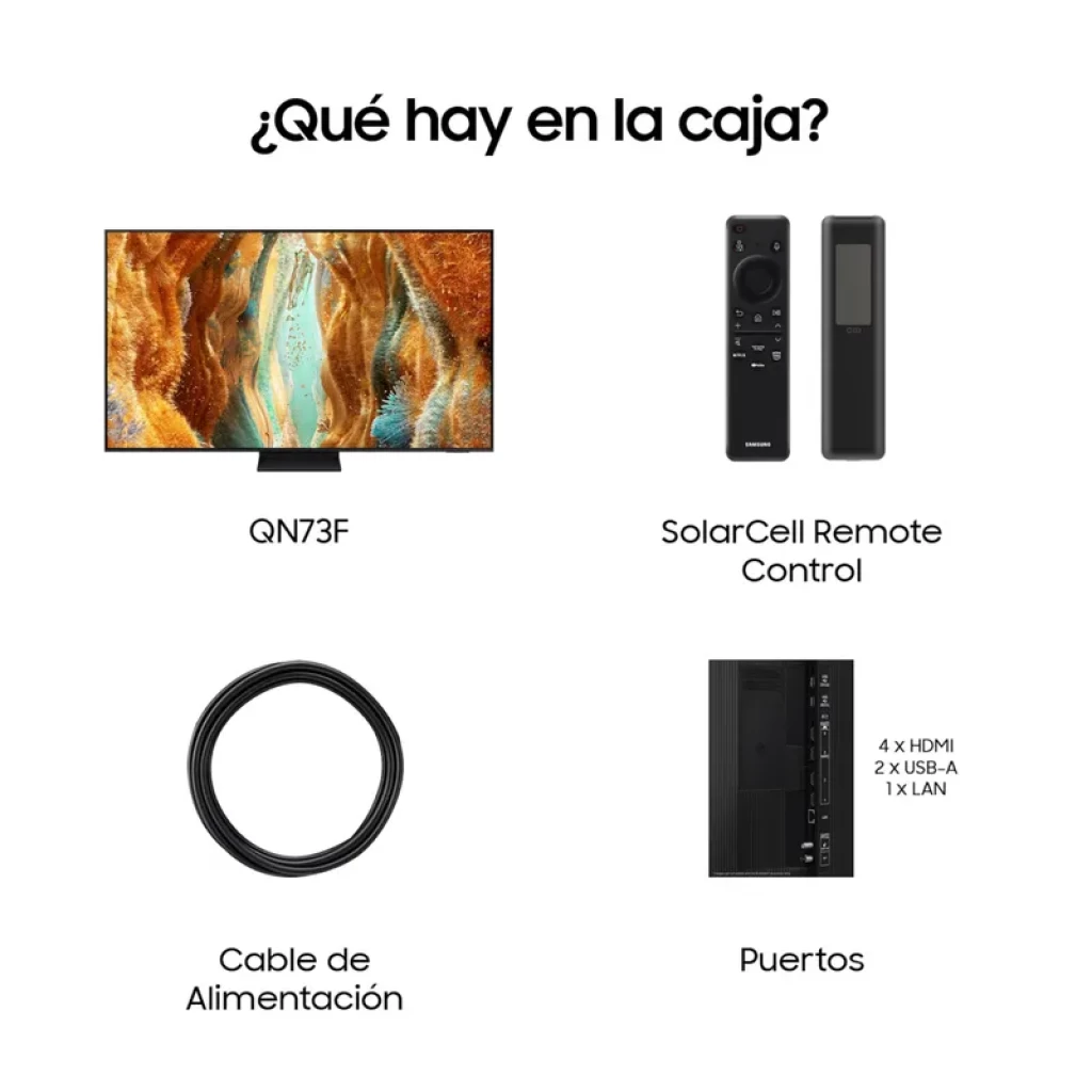 TV Samsung 75 pulgadas Neo QLED 4K QN73F con biseles delgados, control SolarCell, cable de alimentación y puertos: 4 HDMI, 2 USB-A y LAN