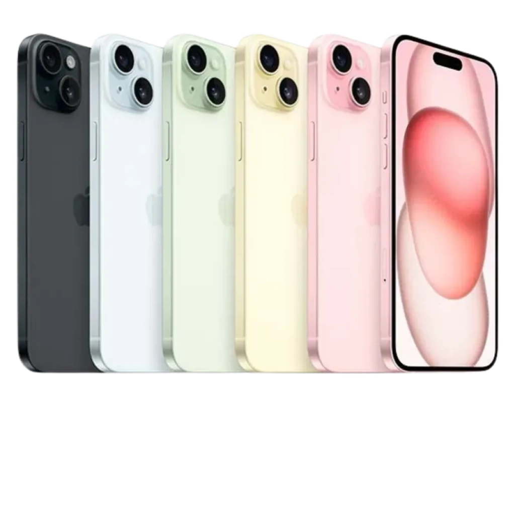 iPhone 15 Plus 256GB Azul Renovado Estado Excelente mostrado junto a variantes en negro, verde, amarillo y rosa, diseño con doble cámara y bordes lisos
