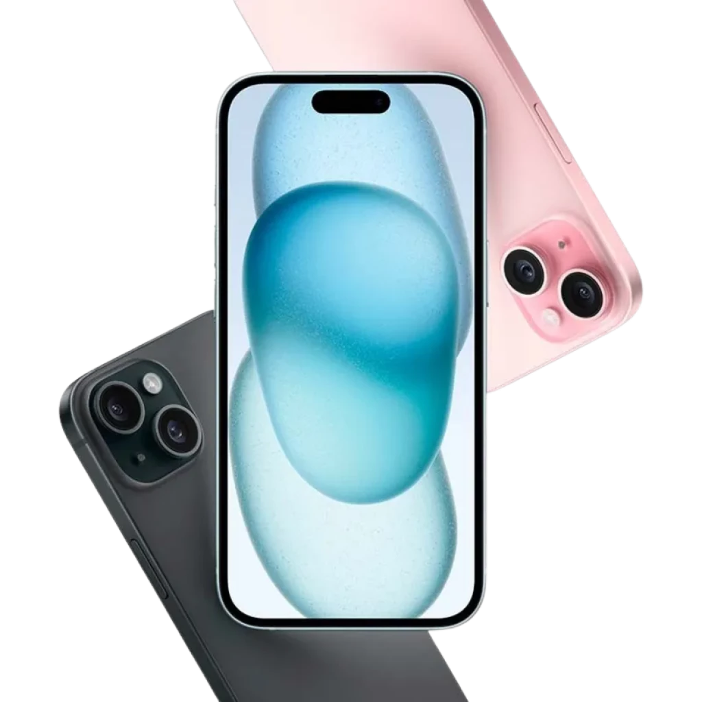 iPhone 15 Plus 5G 128 GB azul renovado em excelente estado, tela grande com ilhas dinâmicas, bordas finas, câmeras duplas traseiras em módulo diagonal