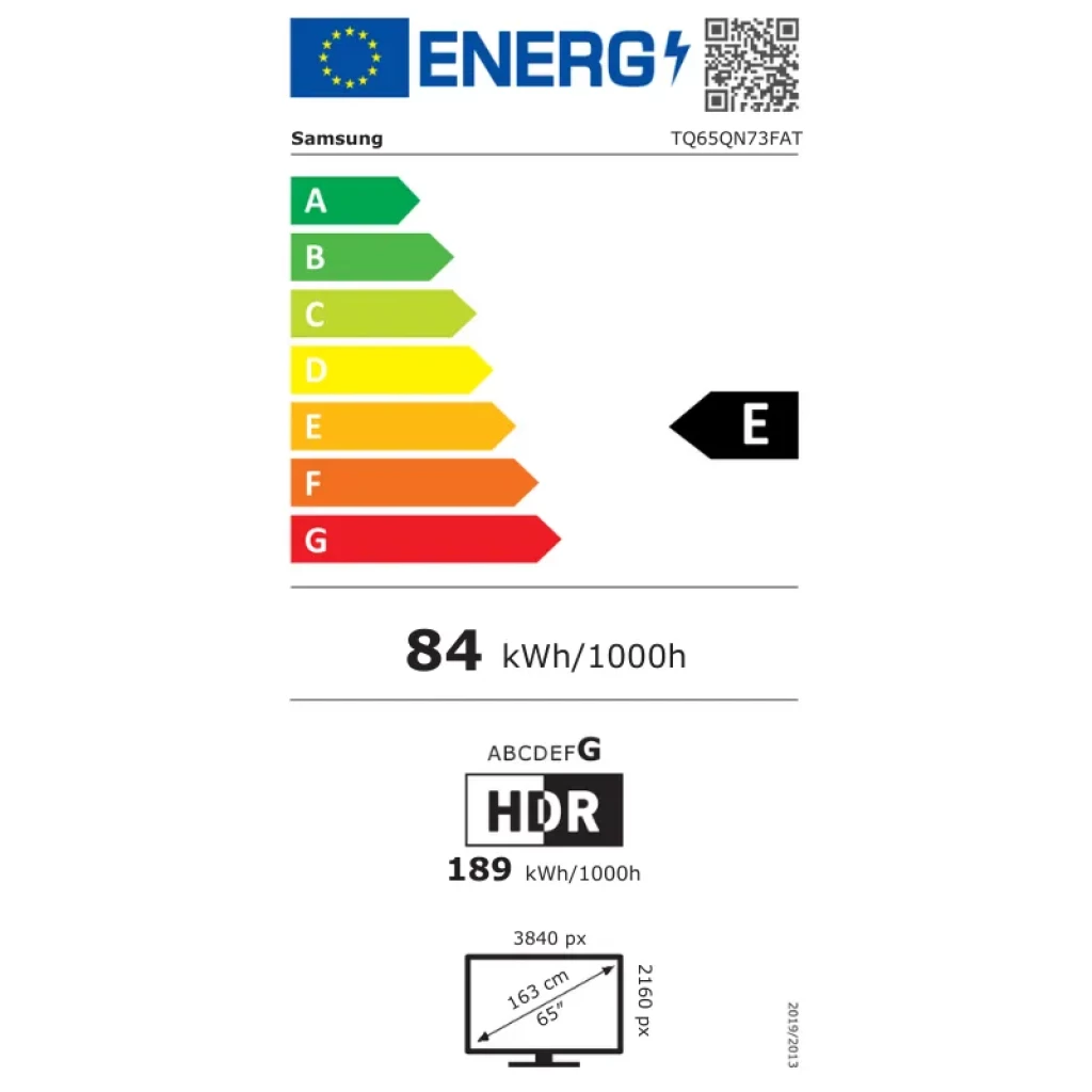 Etiqueta energética de televisor Samsung 65 pulgadas: clase E, consumo 84 kWh/1000h, HDR, resolución 3840 px, diagonal 163 cm, 4K Ultra HD