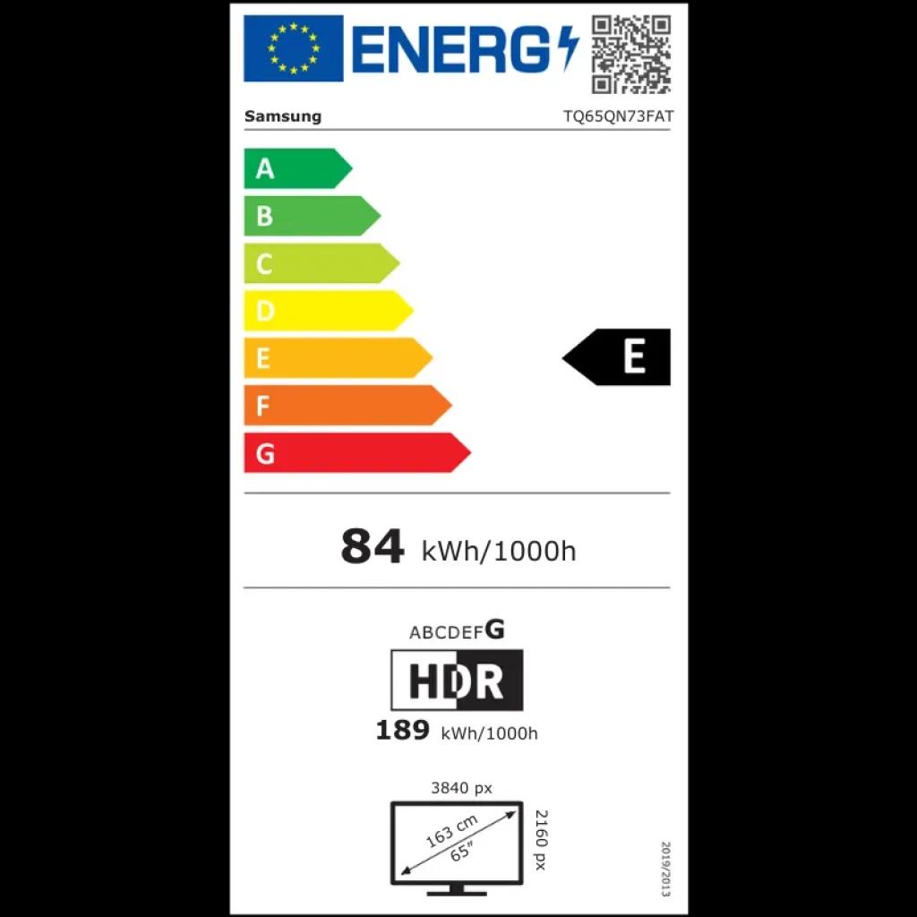 Etiqueta energética de televisor Samsung 65 pulgadas: clase E, consumo 84 kWh/1000h, HDR, resolución 3840 px, diagonal 163 cm, 4K Ultra HD