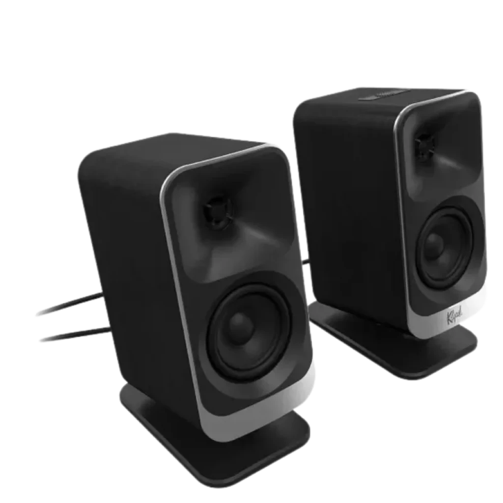 Par de altavoces satélite Klipsch ProMedia Lumina 2.1 Hi-Fi en negro, diseño compacto con tweeter y woofer frontales, bordes curvos y base estable