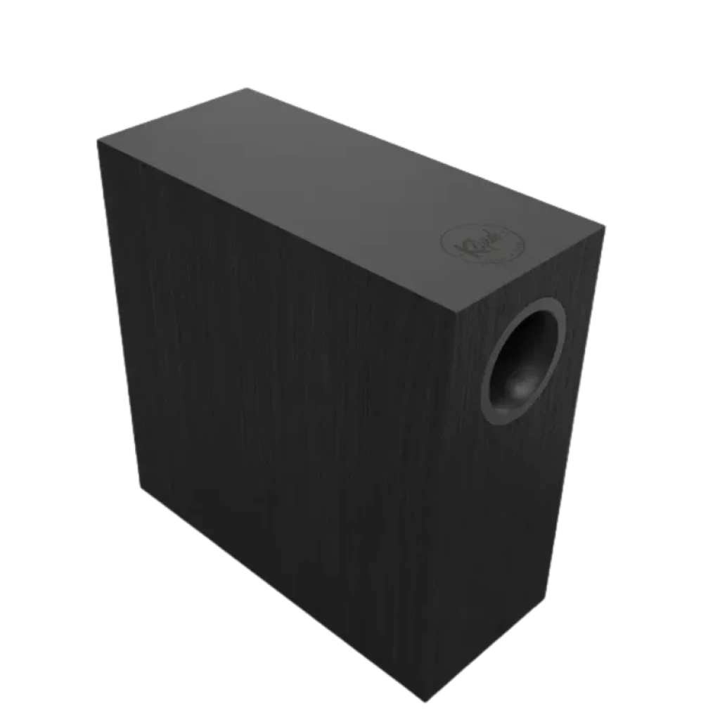 Subwoofer Klipsch ProMedia Lumina 2.1 Hi-Fi en acabado negro, diseño rectangular compacto con puerto bass reflex frontal y textura de madera elegante