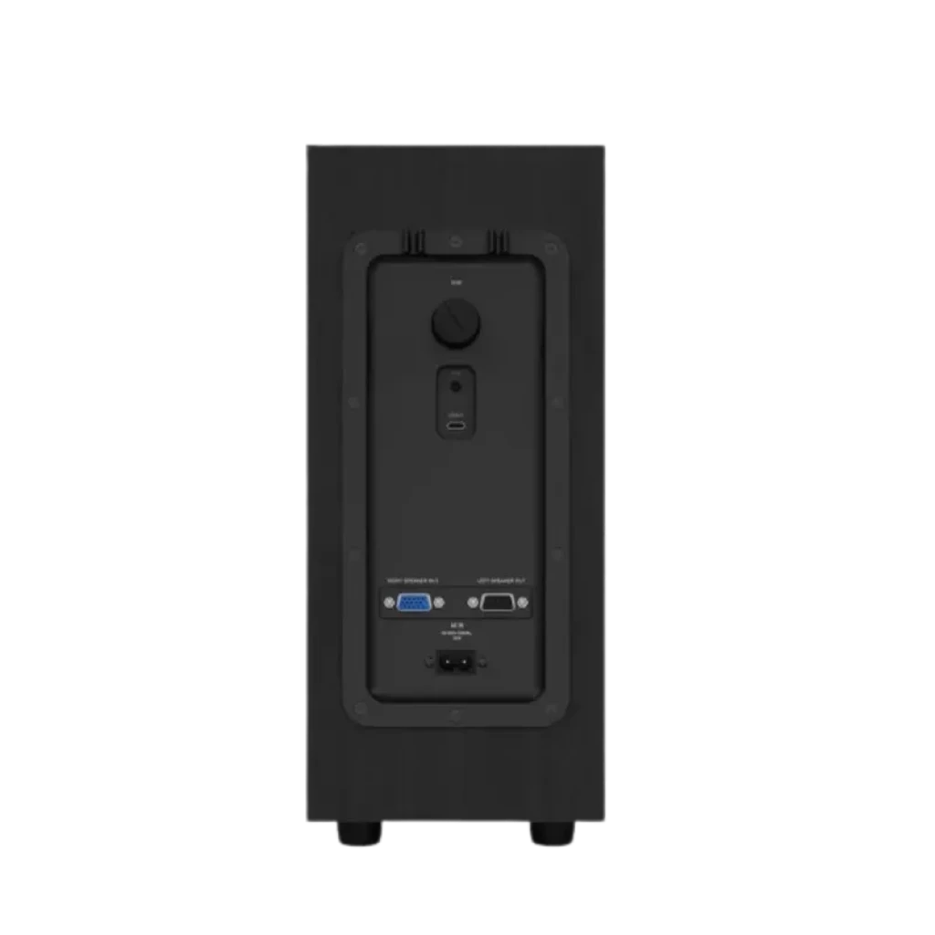 Panel trasero del subwoofer Klipsch ProMedia Lumina 2.1 Hi-Fi con control de volumen, puerto bass reflex, entradas y salidas RCA y alimentación AC