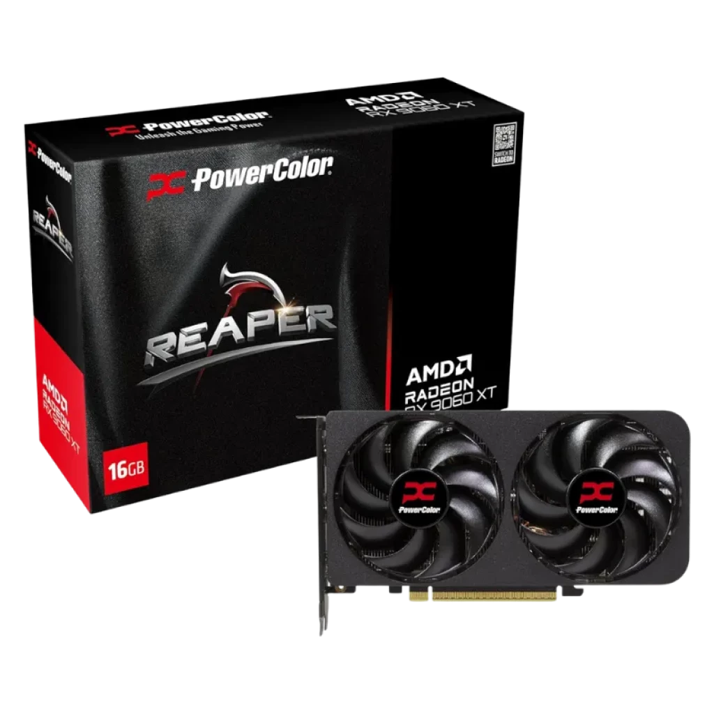 Vista frontal da Powercolor Reaper RX 9060XT com duas ventoinhas de 87 mm
