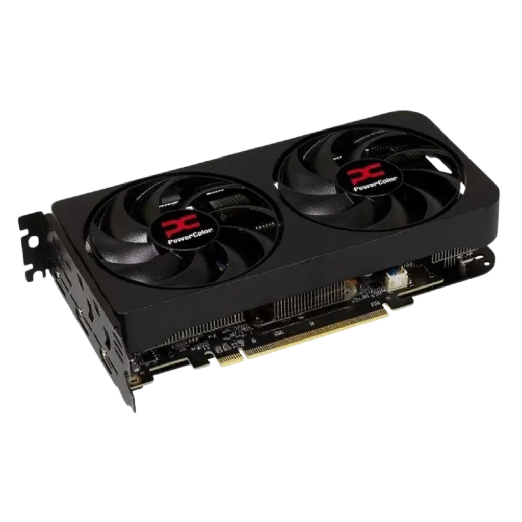 Tarjeta gráfica Powercolor Reaper RX 9060XT 16GB con dos ventiladores negros, carcasa robusta, salida múltiple y conector PCIe para alto rendimiento gaming