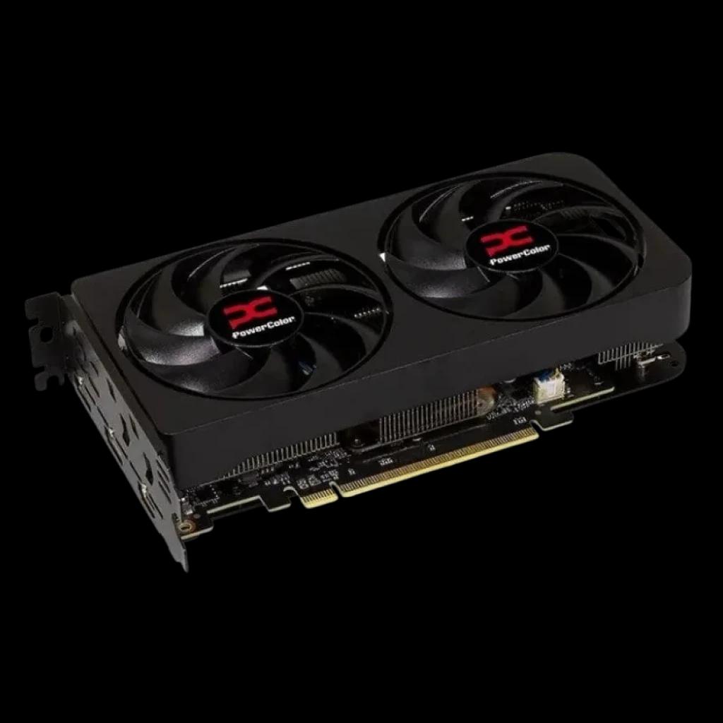 Tarjeta gráfica Powercolor Reaper RX 9060XT 16GB con dos ventiladores negros, carcasa robusta, salida múltiple y conector PCIe para alto rendimiento gaming