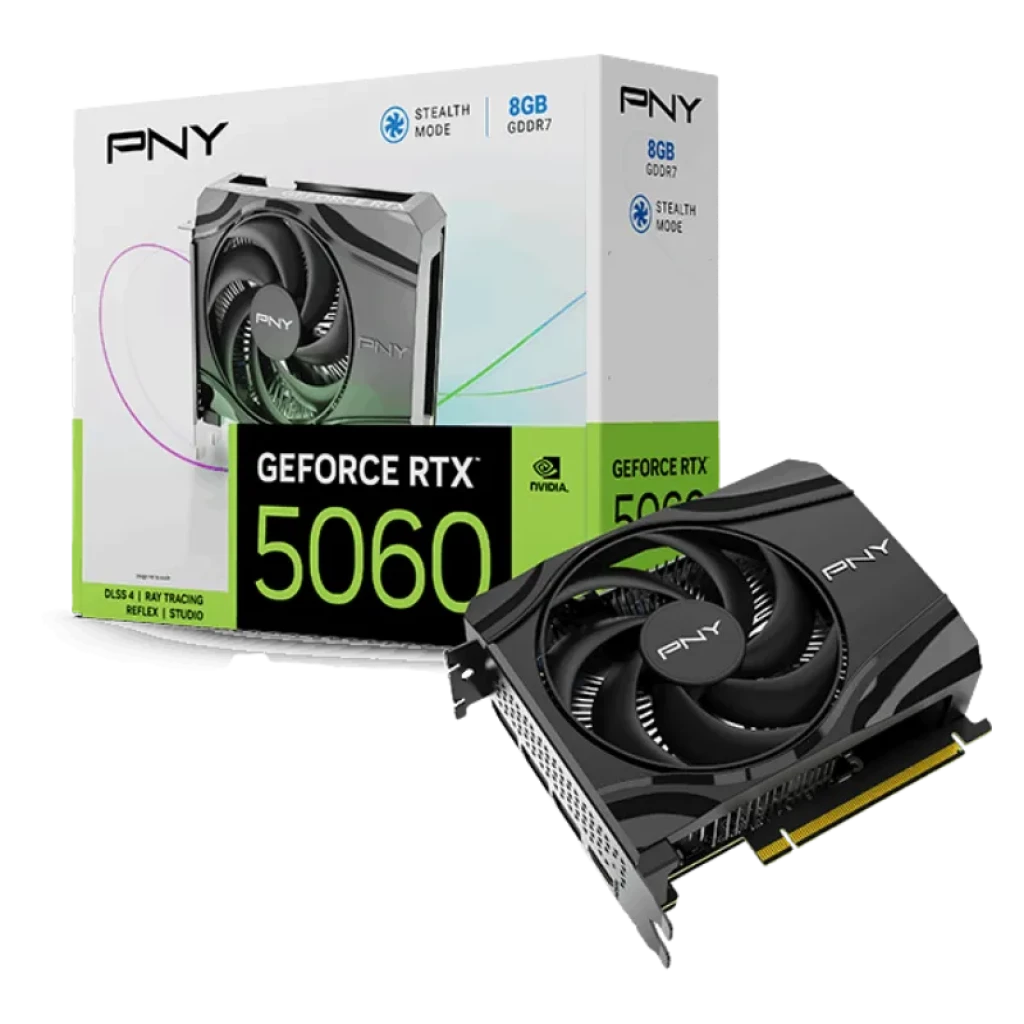 PNY GeForce RTX 5060 Single Fan 8 GB GDDR7 com ventilador único, design compacto em preto, placa traseira metálica e embalagem que destaca o DLSS