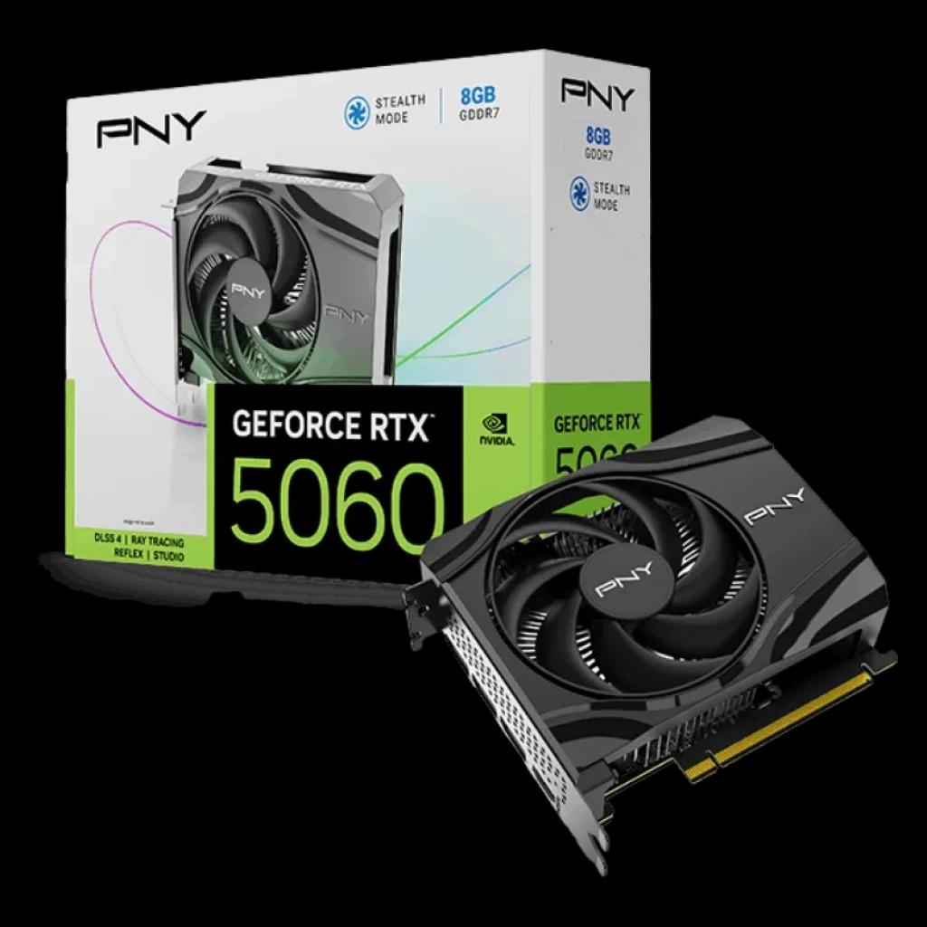 PNY GeForce RTX 5060 Single Fan 8 GB GDDR7 com ventilador único, design compacto em preto, placa traseira metálica e embalagem que destaca o DLSS