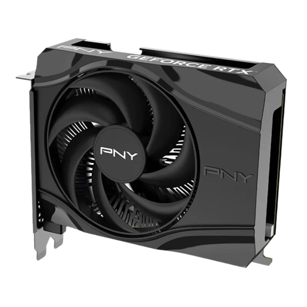 PNY GeForce RTX 5060 Single Fan 8 GB GDDR7 com design compacto em preto, ventilador único de grande diâmetro, estrutura robusta e saídas traseiras para montagem PCIe