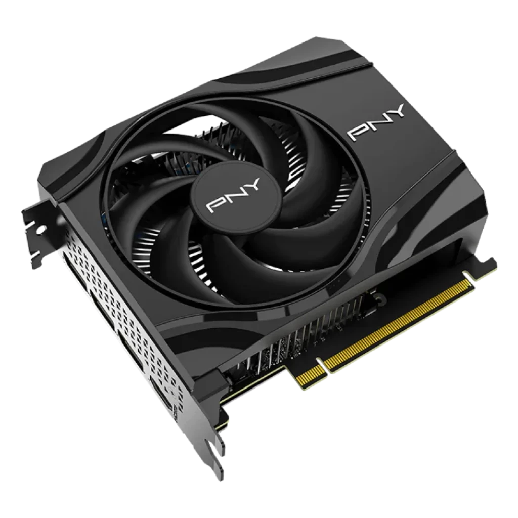 PNY GeForce RTX 5060 Single Fan 8 GB GDDR7 com design compacto em preto, uma ventoinha grande, cobertura brilhante e conector PCIe dourado visível