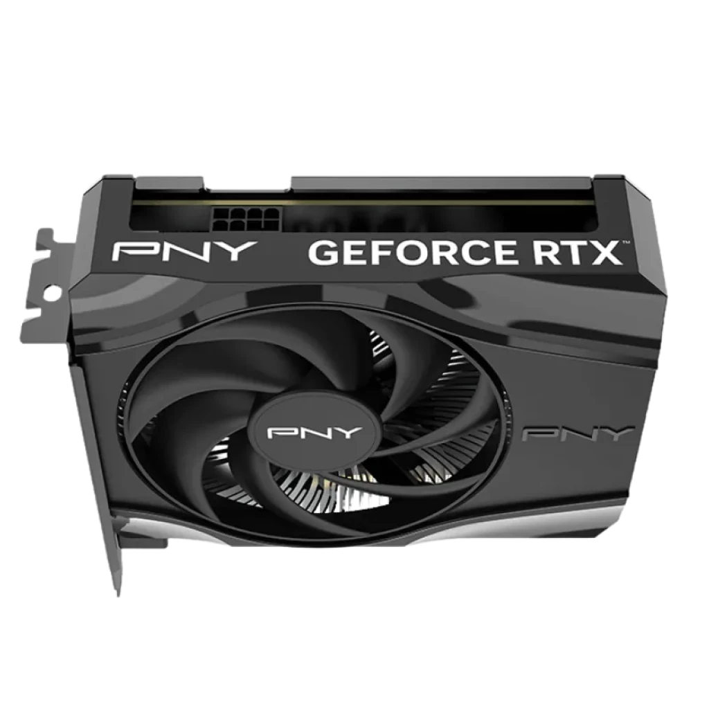 Placa gráfica PNY GeForce RTX 5060 Single Fan de 8 GB GDDR7, compacta e preta, com uma ventoinha grande, caixa brilhante e logótipos PNY e GeForce RTX visíveis