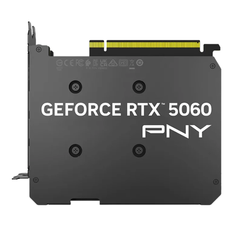 PNY GeForce RTX 5060 com uma ventoinha, 8 GB de GDDR7, placa traseira preta, logótipo PNY e a inscrição «GEFORCE RTX 5060» em letras grandes, com conector PCIe dourado na parte superior