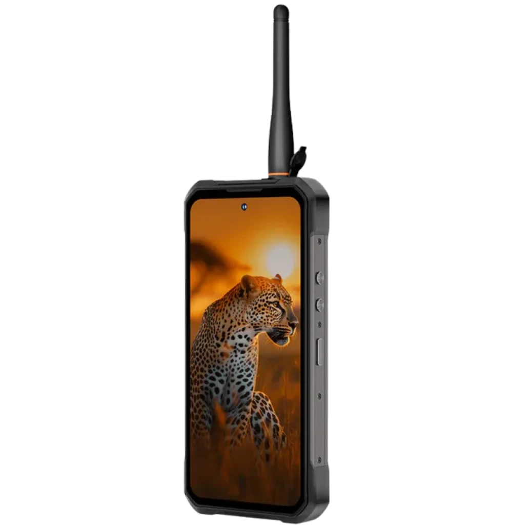Oukitel WP61 Plus 5G preto robusto, corpo reforçado, antena walkie-talkie DMR, ecrã grande com moldura espessa e botões laterais visíveis