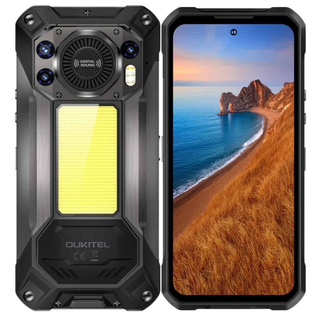 Oukitel WP61 Plus 5G preto robusto, traseira com luz LED grande, módulo de câmara tripla e altifalante; ecrã frontal amplo com furo central para câmara