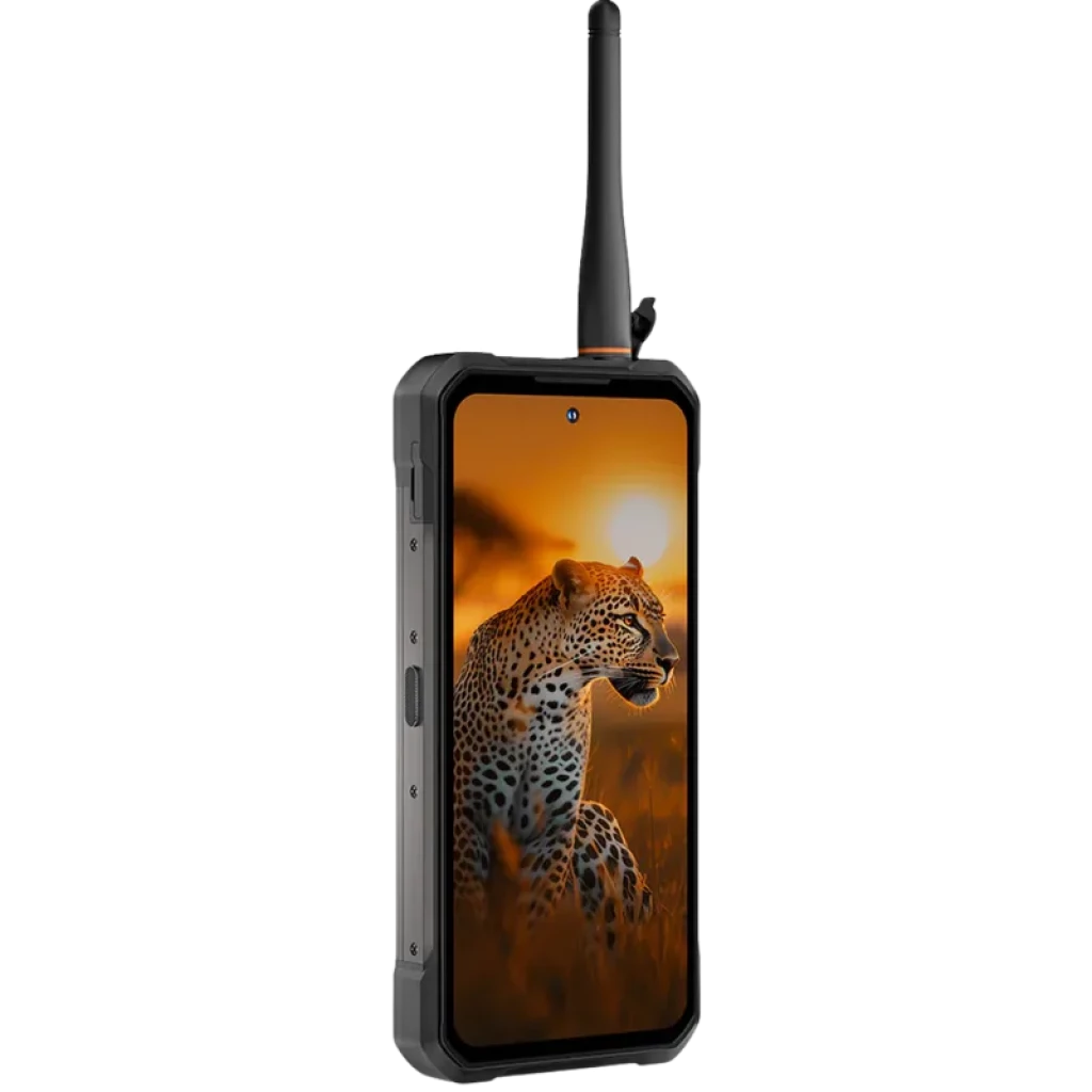 Oukitel WP61 Plus 5G preto robusto, corpo reforçado, antena DMR destacável, ecrã grande com câmara frontal central, botões laterais e moldura