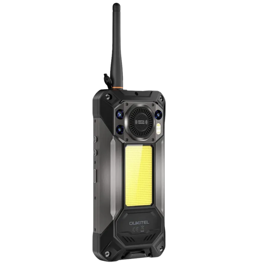 Oukitel WP61 Plus 5G preto robusto com traseira reforçada, módulo DMR com antena longa, câmara tripla, grelha central luminosa e detalhes em metal