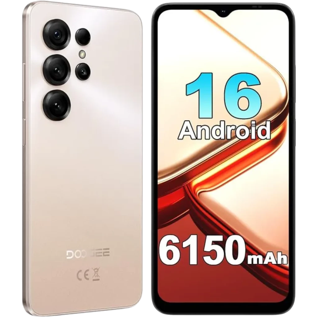 Doogee Note 56X dorado con pantalla 6,56 pulgadas, notch en forma de gota, módulo trasero con cuatro cámaras y batería destacada de 6150 mAh visible en