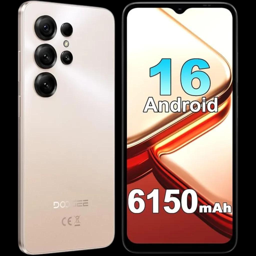 Doogee Note 56X dorado con pantalla 6,56 pulgadas, notch en forma de gota, módulo trasero con cuatro cámaras y batería destacada de 6150 mAh visible en
