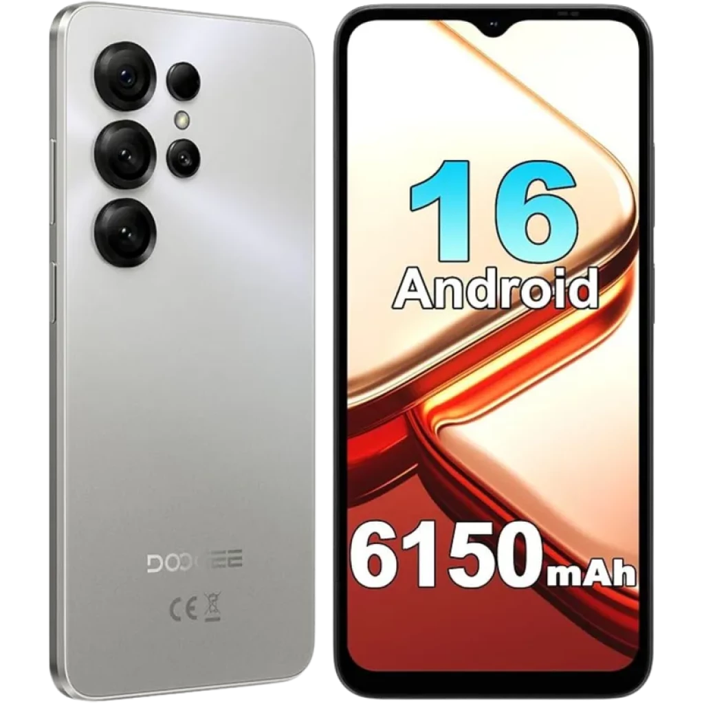Doogee Note 56X gris con pantalla grande, notch en V, triple cámara trasera destacada, marco delgado y batería 6150 mAh visibles en pantalla