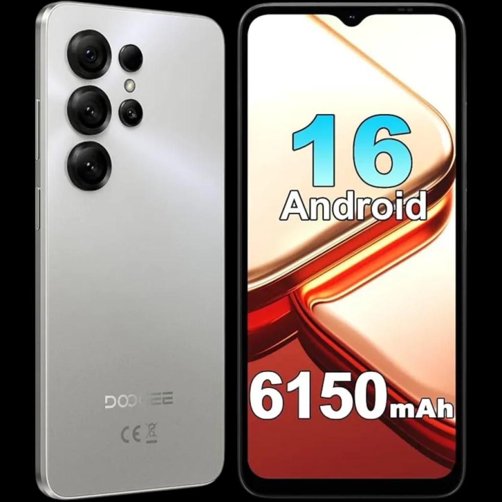 Doogee Note 56X cinza com tela grande notch em V, traseira prateada fosca e múltiplas câmeras salientes; destaque para 6150 mAh e Android 16 na tela
