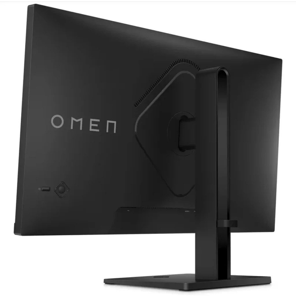 Monitor HP OMEN 27q visto desde atrás, carcasa negra mate con logo OMEN, soporte robusto ajustable y puertos laterales, diseño minimalista y moderno