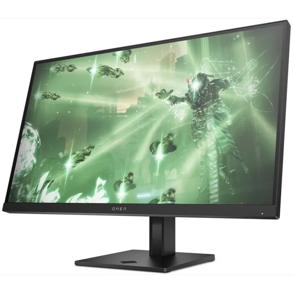 Monitor HP OMEN 27q de 27 pulgadas con biseles finos, panel IPS QHD, base robusta ajustable y pantalla mostrando escena de juego con tonos verdes brillantes