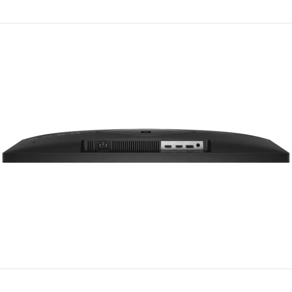 Parte trasera del Monitor HP OMEN 27q con puertos HDMI y DisplayPort, rejilla de ventilación central y conector de alimentación en chasis negro delgado