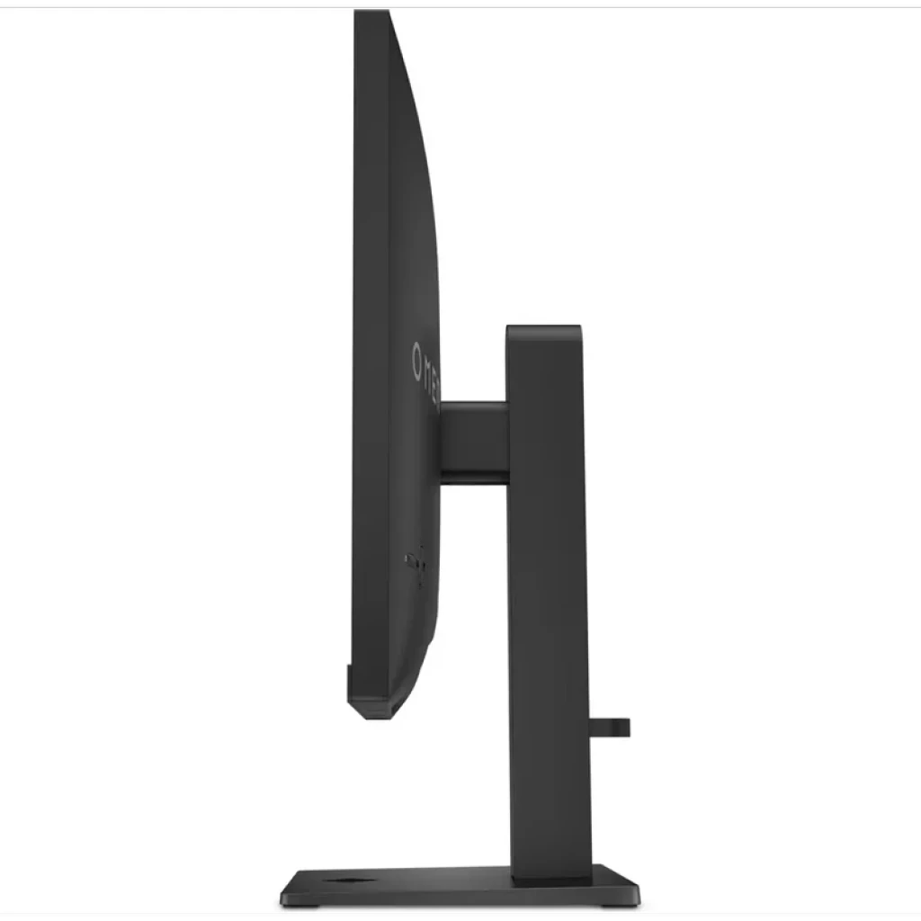 Perfil lateral del Monitor HP OMEN 27q con panel delgado, bisel mínimo y soporte robusto de altura ajustable en acabado negro mate