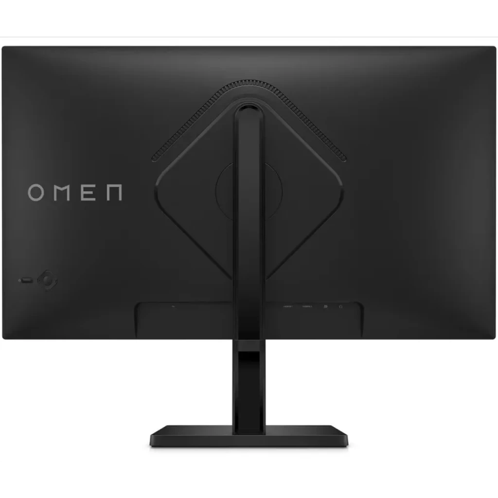 Parte trasera del Monitor HP OMEN 27q con acabado negro mate, soporte central robusto ajustable y gestión de cables integrada bajo panel trasero limpio