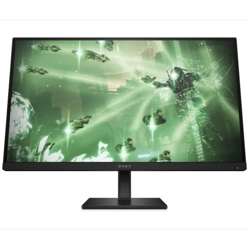 Monitor HP OMEN 27q de 27 pulgadas con pantalla LED IPS QHD, biseles finos, base rectangular negra y contenido gaming en tono verde brillante