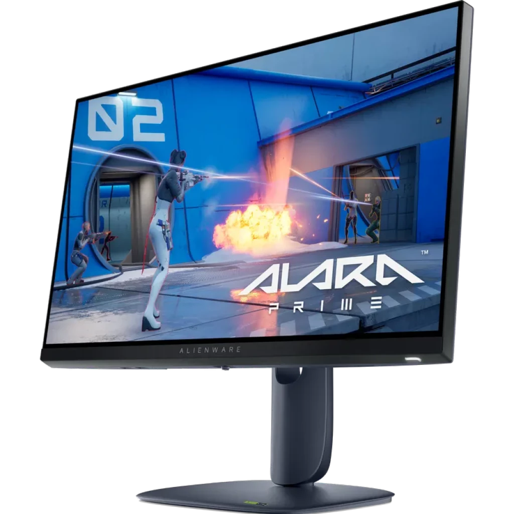 Monitor gaming Alienware 25 pulgadas con biseles finos, base robusta ajustable y pantalla IPS mostrando juego; diseño moderno en negro con logo en el marco