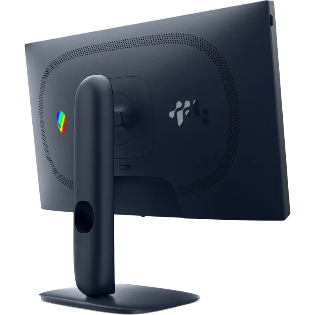 DELL Alienware AW2525HM monitor 25 pulgadas, vista trasera en color oscuro con soporte robusto y orificio para cables, ventilación curva y logotipo iluminado