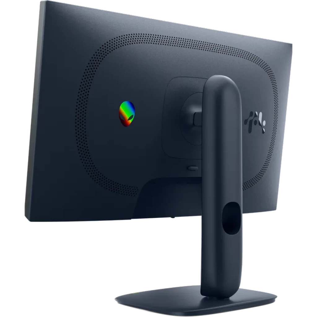 Monitor gaming Alienware AW2525HM de 25 pulgadas, trasera gris con logo RGB, soporte robusto ajustable con orificio para cables y ventilación ovalada
