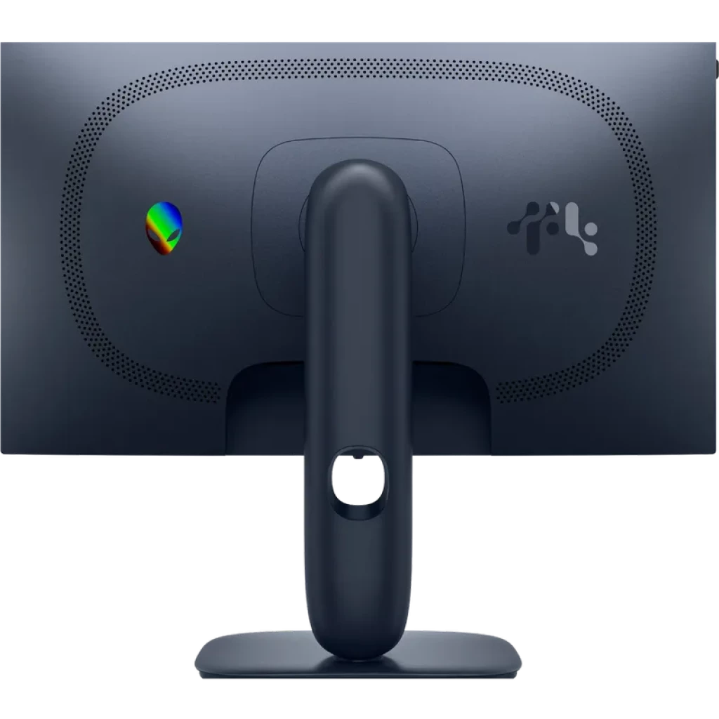 Parte trasera del DELL Alienware AW2525HM 25 pulgadas, chasis oscuro con logo RGB, ventilación curva, soporte robusto central y gestión de cables integrada