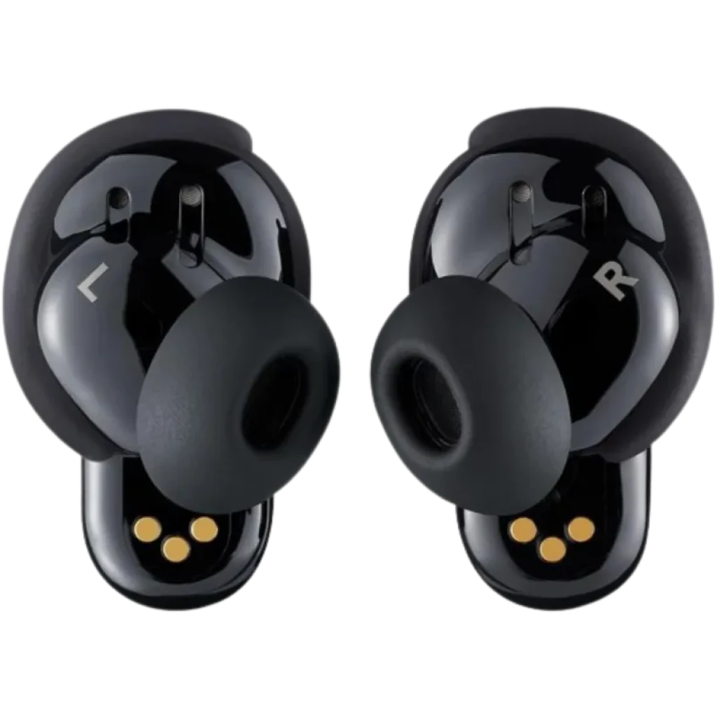 Écouteurs Bose QuietComfort Ultra 2e gén noires, intra-auriculaires brillants avec embouts silicone, marquages L et R, connecteurs dorés pour charge