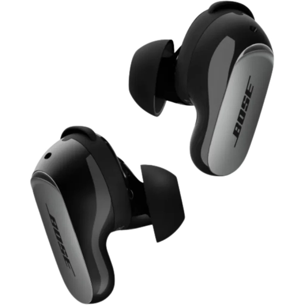 Écouteurs noirs Bose QuietComfort Ultra 2e gen au design ergonomique, coques bicolores noir et argent, embouts silicone, logo Bose latéral visible