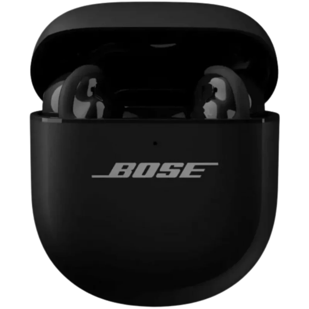 Bose QuietComfort Ultra 2e génération Noir dans étui de charge mat, logo Bose argenté, écouteurs intra compacts avec ailettes et embouts en silicone noirs