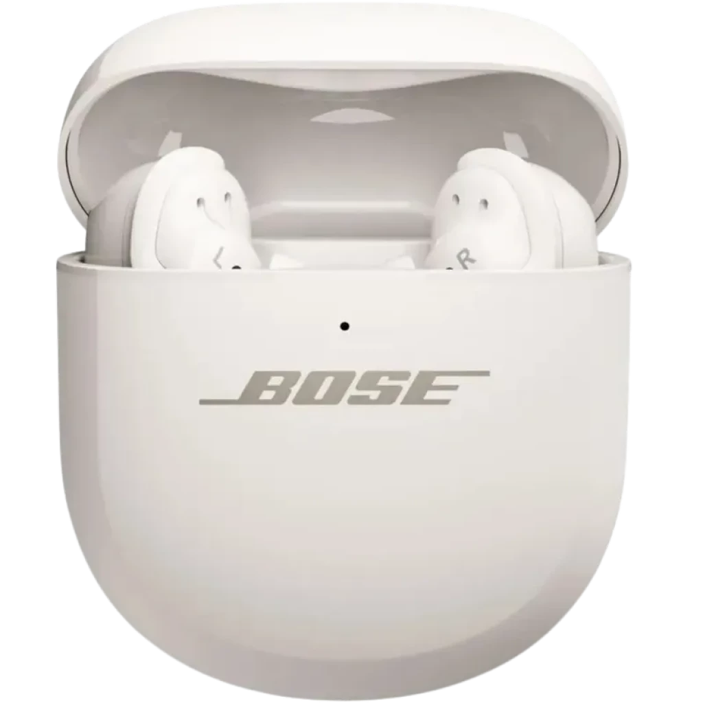 Bose QuietComfort Ultra 2e gén Blanc étui de charge blanc arrondi avec logo BOSE, deux écouteurs intra R et L visibles, finition mate élégante
