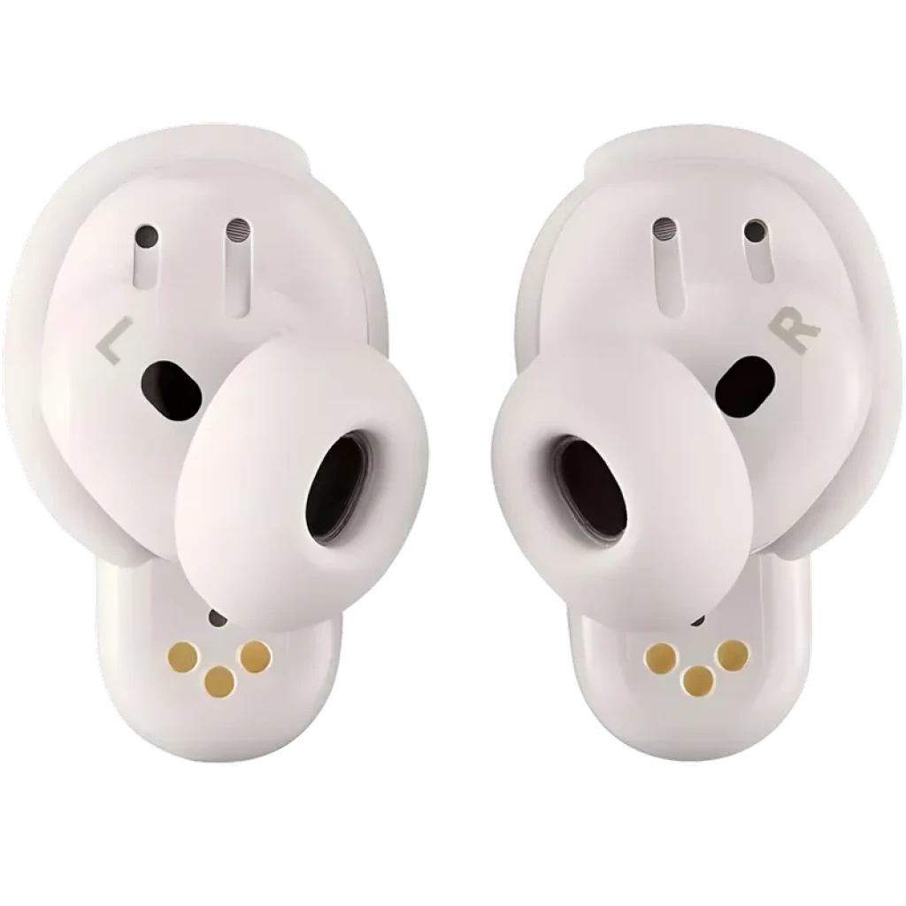 Bose QuietComfort Ultra 2e gén Blanc écouteurs intra blancs avec embouts ovales L et R, évents visibles et contacts dorés, design compact et épuré